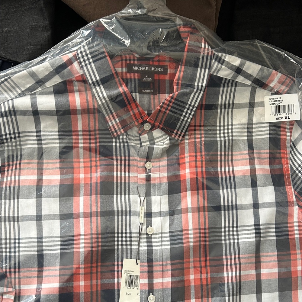 Michael Kors Men's Red, Black, and White Plaid Shirt